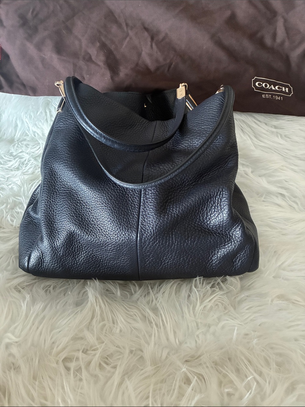 Coach Pebbled Leather Tote Bag in Navy